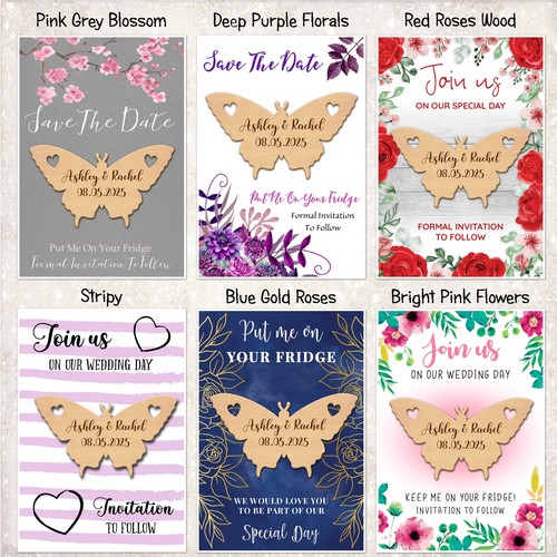 Butterfly & Hearts Wooden Wedding Save The Date Magnets & Backing Cards - Picture 2 of 7