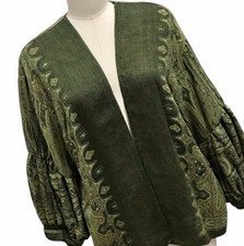 Aris A Green Tapestry Balloon Sleeve Kimono Jacket Sequins Beaded Boho Sz Os