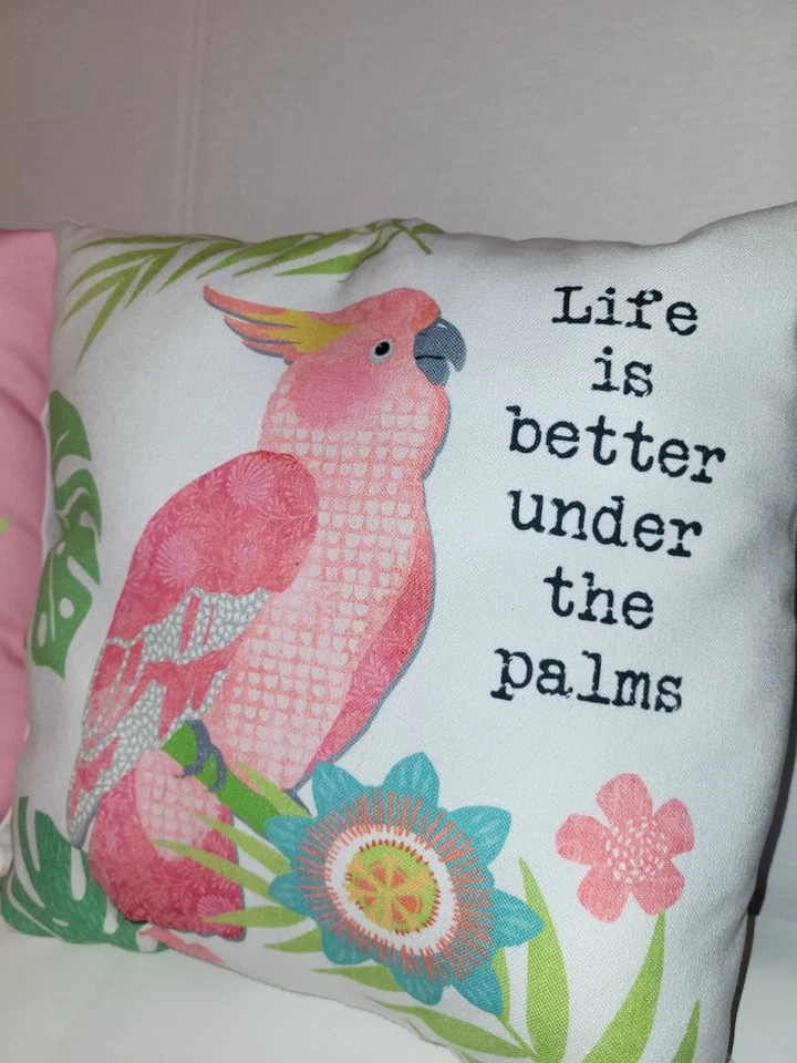 Almohadas de algodón tropical tucán y cacatúa rosa lugar feliz la vida es mejor Foto 4 de 4