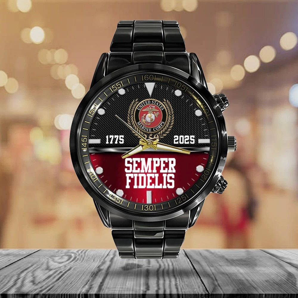 US Marine Corps Black Stainless Steel Watch 1775-2025