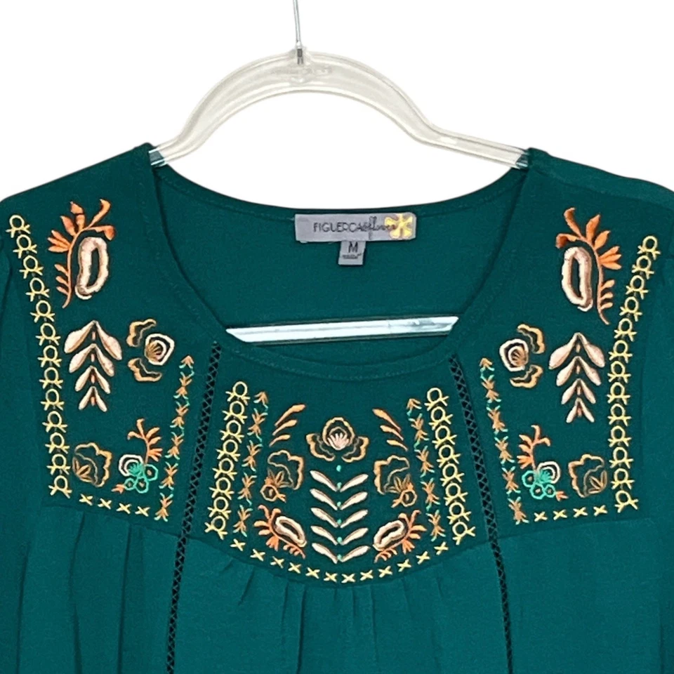 Blusa Campesina Boho Bordada Verde Azulado Figueroa y Flor Talla M Mangas Campana Foto 4 de 4