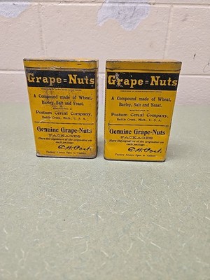 Lot of 2 Circa 1919 Grape Nuts Cereal Tin Genuine 14 Oz. Reusable Tins