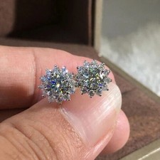 14k White Gold Plated 2 CT Round Cut Lab Created Diamond Flower Stud Earrings