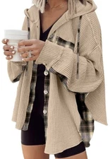 Women's Waffle Knit Shirt Plaid Patchwork Button Down Loose  Jacket Hood Sz S
