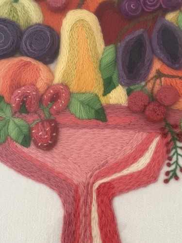 Vintage 1960s Paragon Crewel Embroidery Fruit in Pink Pedestal Bowl 3D Colorful - Picture 5 of 7