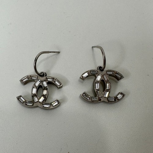 Chanel Baguette Stone Logo Silver Earrings Boucles Oreille Crystal - Picture 10 of 16