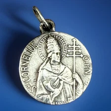 Vintage Catholic Karo Saint Cornelius Silver Tone Small Religious Medal France