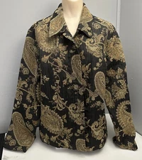 French Laundry Women’s Large Paisley Tapestry Jacket Black Gold Button Front Boh
