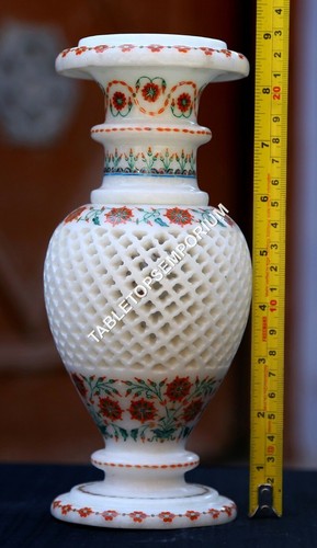 9" Filligree Marble Flower Vase Hakik Mosaic Inlay Occasion Interior Decor H1956 - Picture 6 of 9