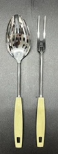 Set 2 Vtg EKCO Slotted Serving Spoon & Meat Fork Chromium Plated Green Handle