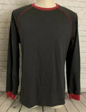 MENS ORIGINAL USE BOXY LONG SLEEVE MID-WEIGHT T-SHIRT DARK GRAY w/WINE TRIM