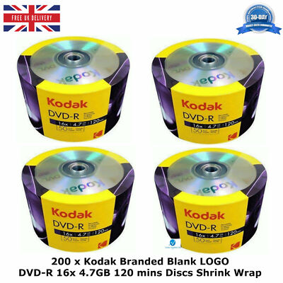 200 x Kodak Markenrohling LOGO DVD-R 16x Speed 4,7GB 120min Discs in Schrumpffolie