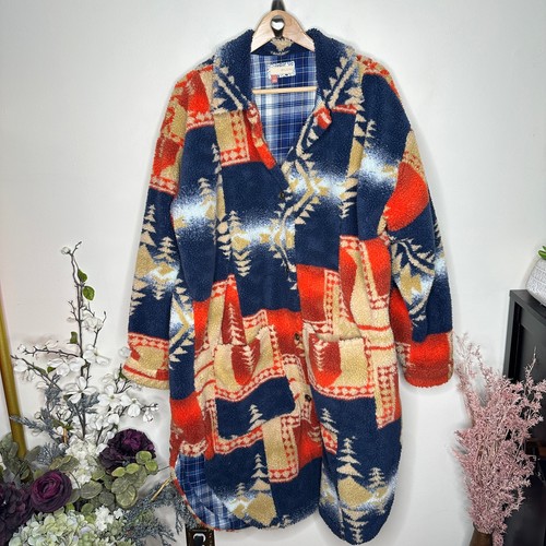 ANTHROPOLOGIE x PILCRO Sherpa Duster Jacket Red Blue Aztec Blanket Coat Sz L - Picture 2 of 5