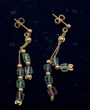 Vintage 14K Gold Dangle Earrings Cube Glass Beads Long Drop 6cm 3.2g Solid Gold