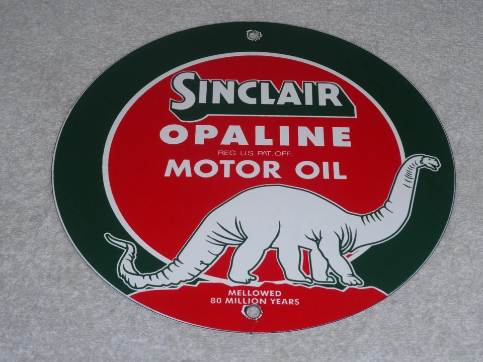 老式 SINCLAIR OPALINE OIL 带 DINO DINOSAUR 9 英寸 PORCELAIN 金属气体标志 — 第 4/4 张图片