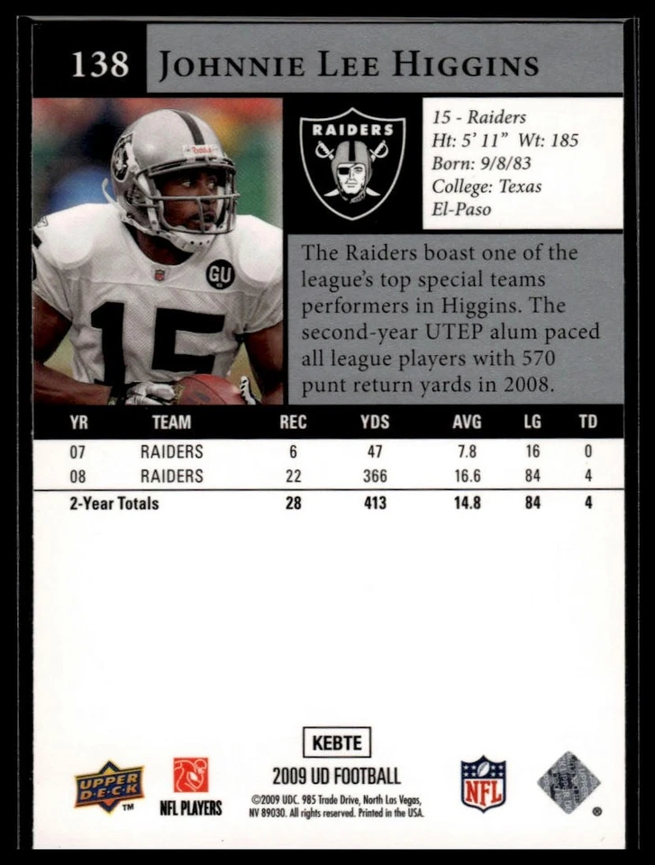 2009 Upper Deck #138 Johnnie Lee Higgins - Image 2 of 2