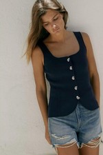 Denim Button Front Sleeveless Cropped Tank Top Navy Square Neck Wide Strap