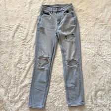 American Eagle Mom Straight Jeans Women s 00 Light Wash Distressed 90s Grunge