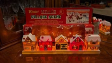 Vintage 10 Light Village Scene of 6 String-Along Standing Decorated Houses