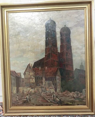 Ölgemälde Frauenkirche München mit Kriegs-zerstörtem Umfeld – signiert Fr. Sørk - Bild 1 von 4