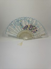 VTG White Lace Folding Fan w/Embroidered Peacock Gold Plastic Ribs w/Orig. Box