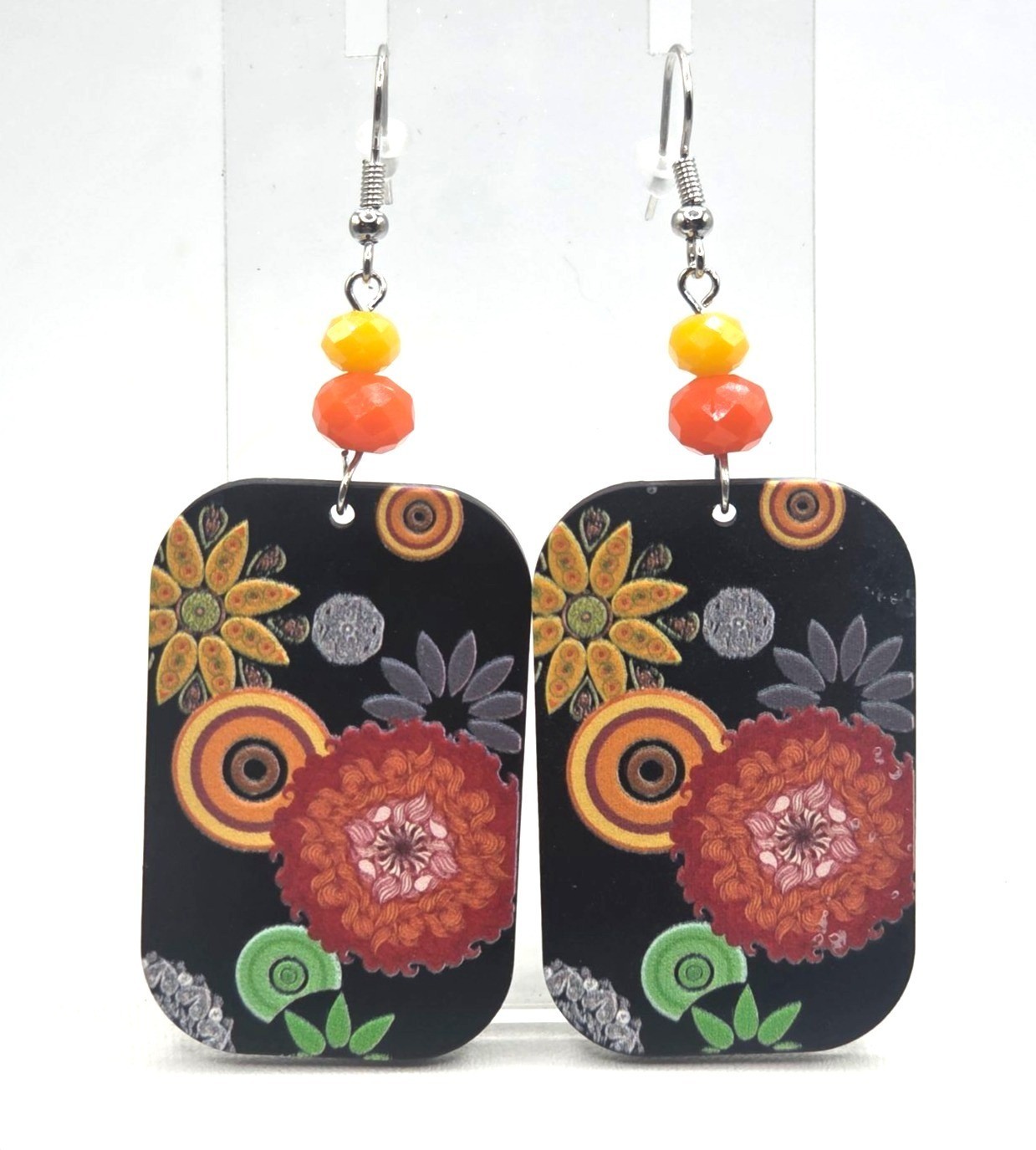 Floral Pattern Rectangle Drop Earrings With Beade… - image 1