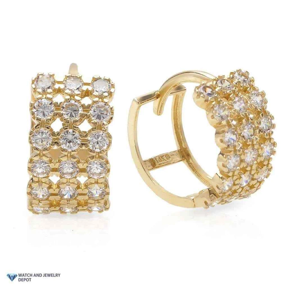 1Ct White Stone 14K Yellow Gold 3 Row Huggie Hoop Earrings 0.5" - Image 2 of 4