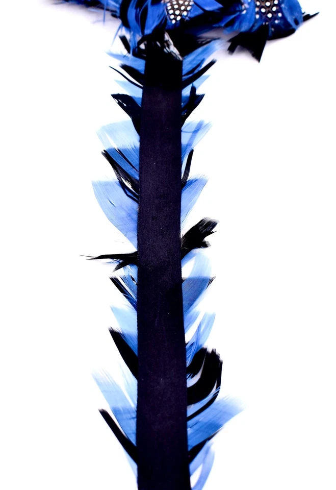 Guinea Fowl Feather Trim,Blue/Back with Polka Dots,Black Satin Ribbon,11.58 ft. - Image 3 of 4