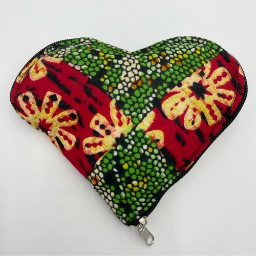 Handmade Tote Bag Heart Shape Zip-Up Fabric Batik Print Red Green Change Pocket - Picture 7 of 11