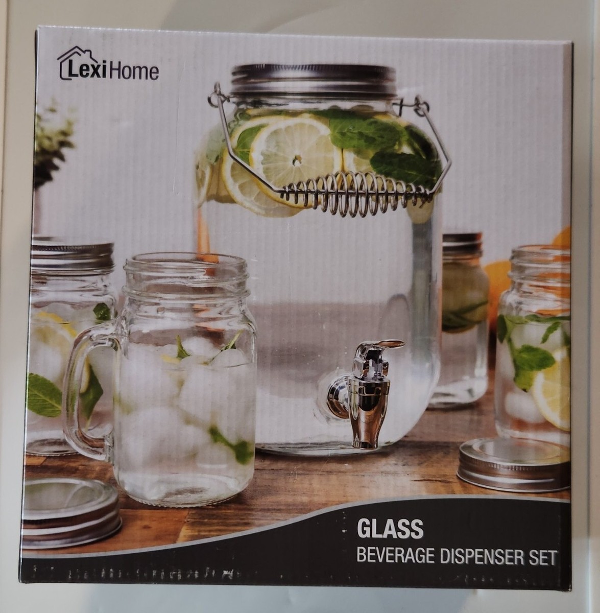 Jar Style 5 Piece Glass Beverage Dispenser Set inc 4 Mugs w/ Handle/Lid  LexiHome | eBay