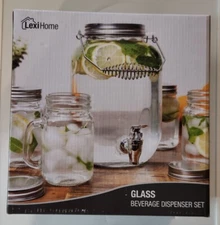 Jar Style 5 Piece Glass Beverage Dispenser Set inc 4 Mugs w/ Handle/Lid LexiHome