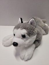 FAO Schwarz Toy Plush Husky - Grey White Color Dog - Laying Position 14 in
