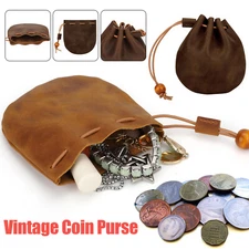 Drawstring Bag Cowhide Leather Wallet Coin Pouch Case Mini Purse For Men Women