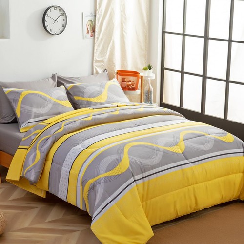 Yellow Comforter Set Queen Size, Striped 7 Pieces Bed in A Bag Gray and