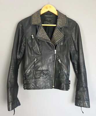 AllSaints Rocher Vintage Nieten Lederjacke Schwarz Leder Biker UK 8