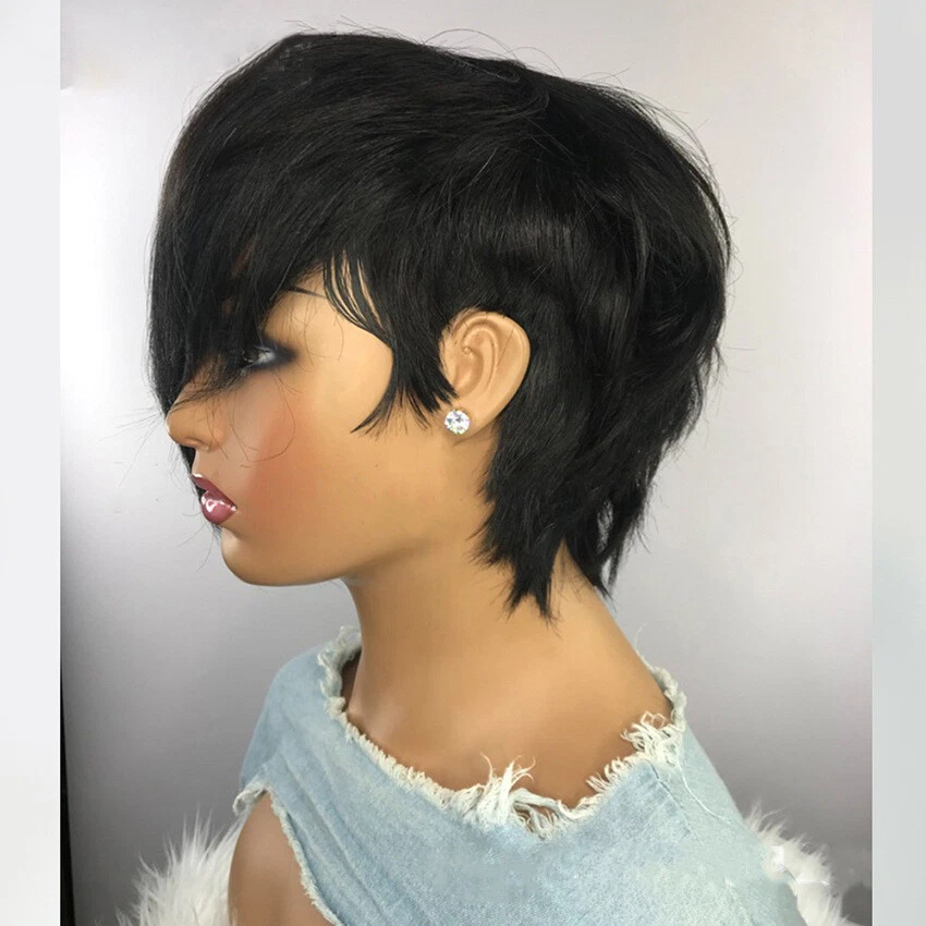 Short Black Human Hair Wigs for Women Pixie Cut Wigs Wave with Side Bangs - Image 4 of 4