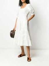 Ulla Johnson Gathered Details Flared Dress Smocked Puff Sleeve Cream New Small S