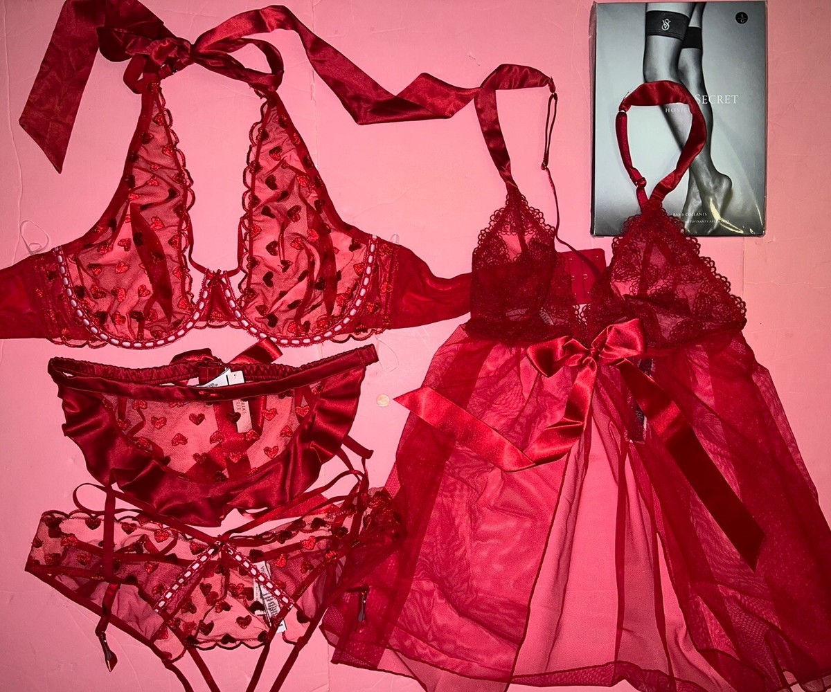 Victoria's Secret XL 36DD/38D BRA SET+garter+L BABYDOLL RED HEART
