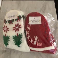 HOMESMART 2 Pairs Red Candy Cane Christmas Tree Sherpa Lined Slipper Socks - NEW