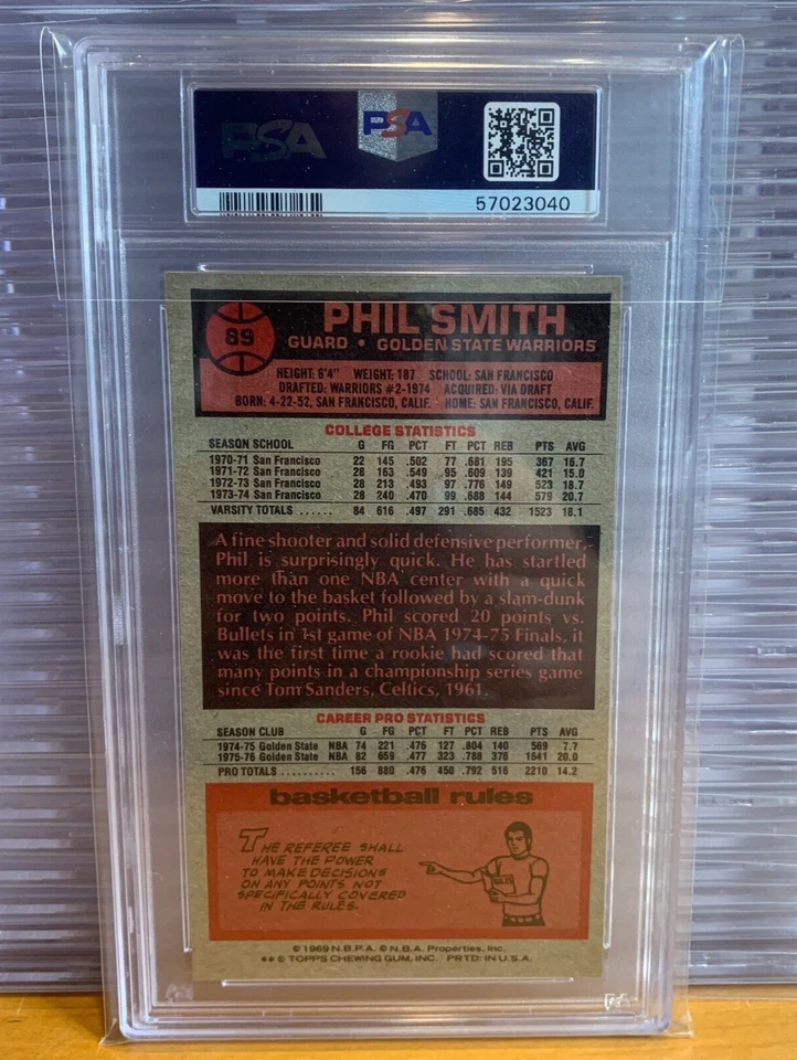 1976-77 Topps Basketball - Phil Smith #89 - Golden State Warriors PSA 8 - Image 2 of 2