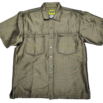 VTG WEBS Jeans Men XL Gold Button Up Short Sleeve Denim Shirt Jacket SHACKET