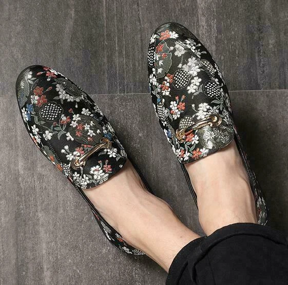 Mens Floral Casual Loafers Nightclub Pumps Slip On Embroidery
