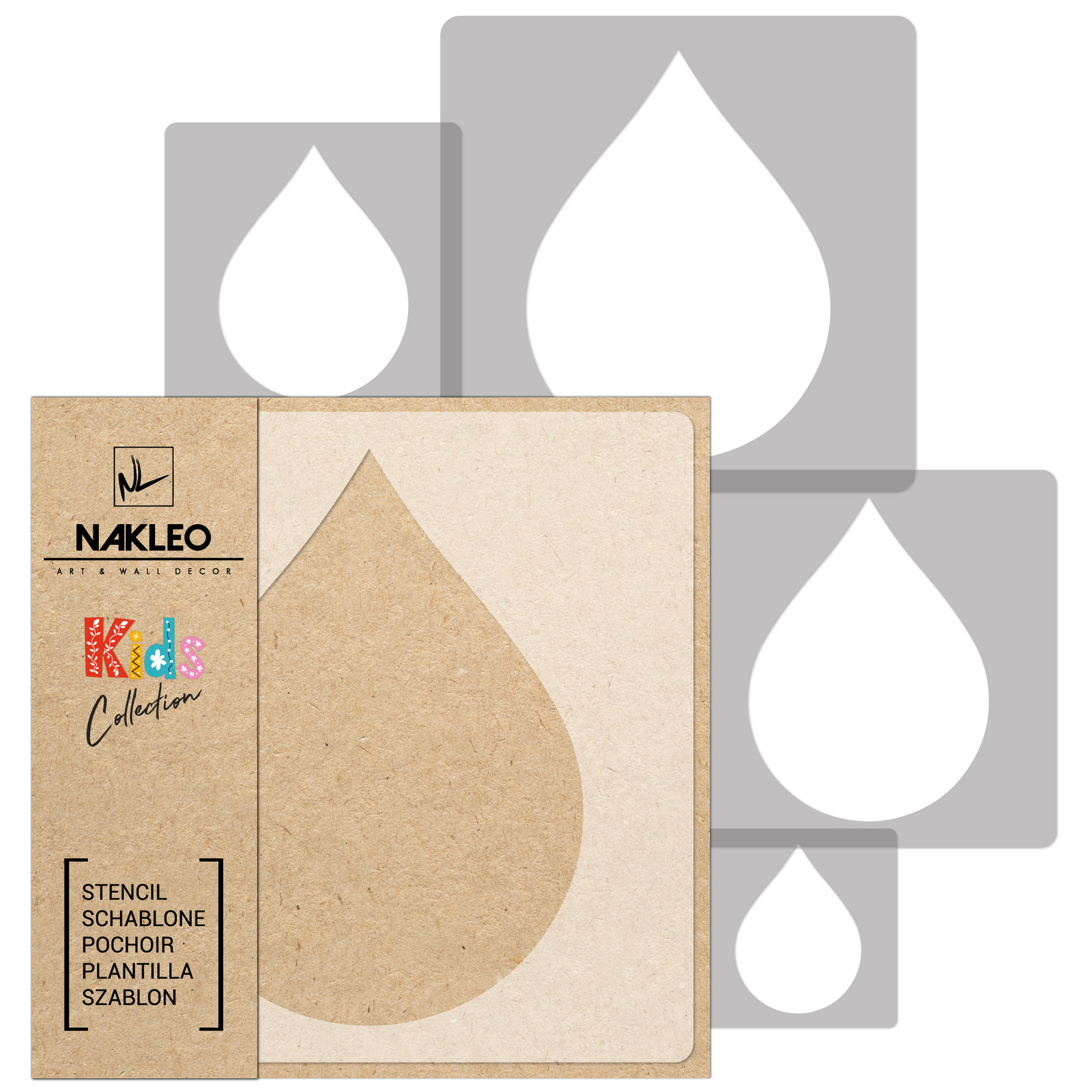 Pochoirs réutilisables motif goutte plastique 34x34cm pour dessin enfants