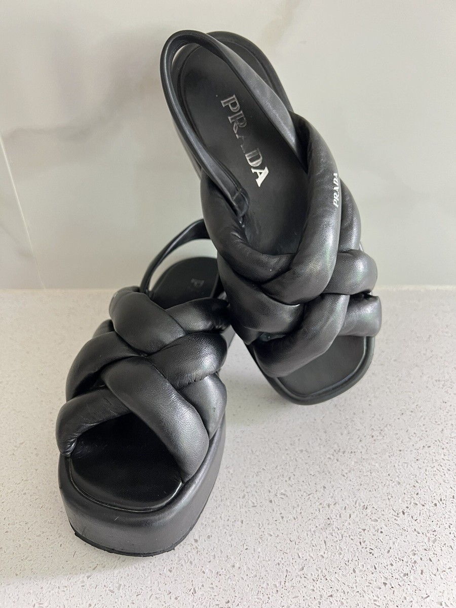 PRADA Woven Soft Puffy Leather Slingback Platform Sandals