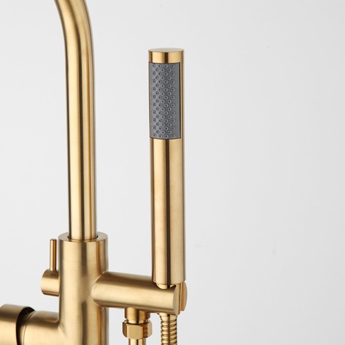 Brushed Gold Floor Mount Free Standing Tub Mixer Faucet Filler Hand Shower Tap - Picture 29 of 56