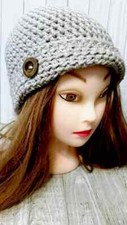 crochet womans handmade button hat cloche beanie tan oatmeal brown new