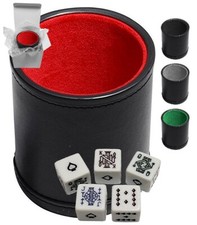  5 16mm D6 White Poker Dice Spades Ace  Black PU Leather Felt Lined Dice Cup