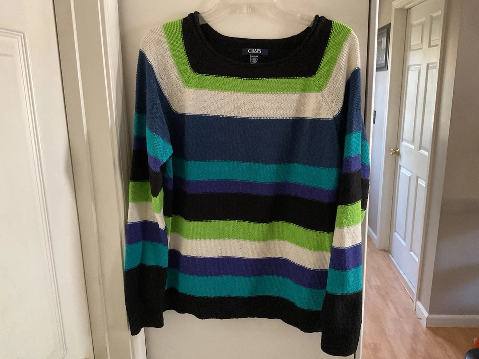 Chaps By Ralph Lauren Sweater Cotton Blue Aqua White Green Striped Size XL - Image 2 of 4