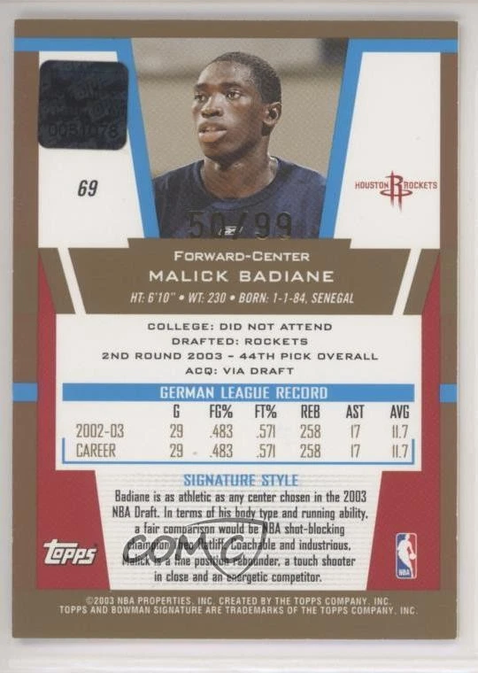 2003-04 Bowman Signature Gold /99 Malick Badiane #69 Rookie Auto RC - Image 2 of 2