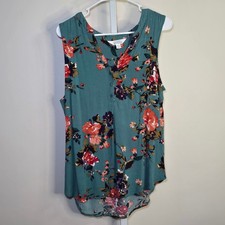 Market & Spruce Floral Sleeveless Top Teal Orange V-Neck Button Blouse Large